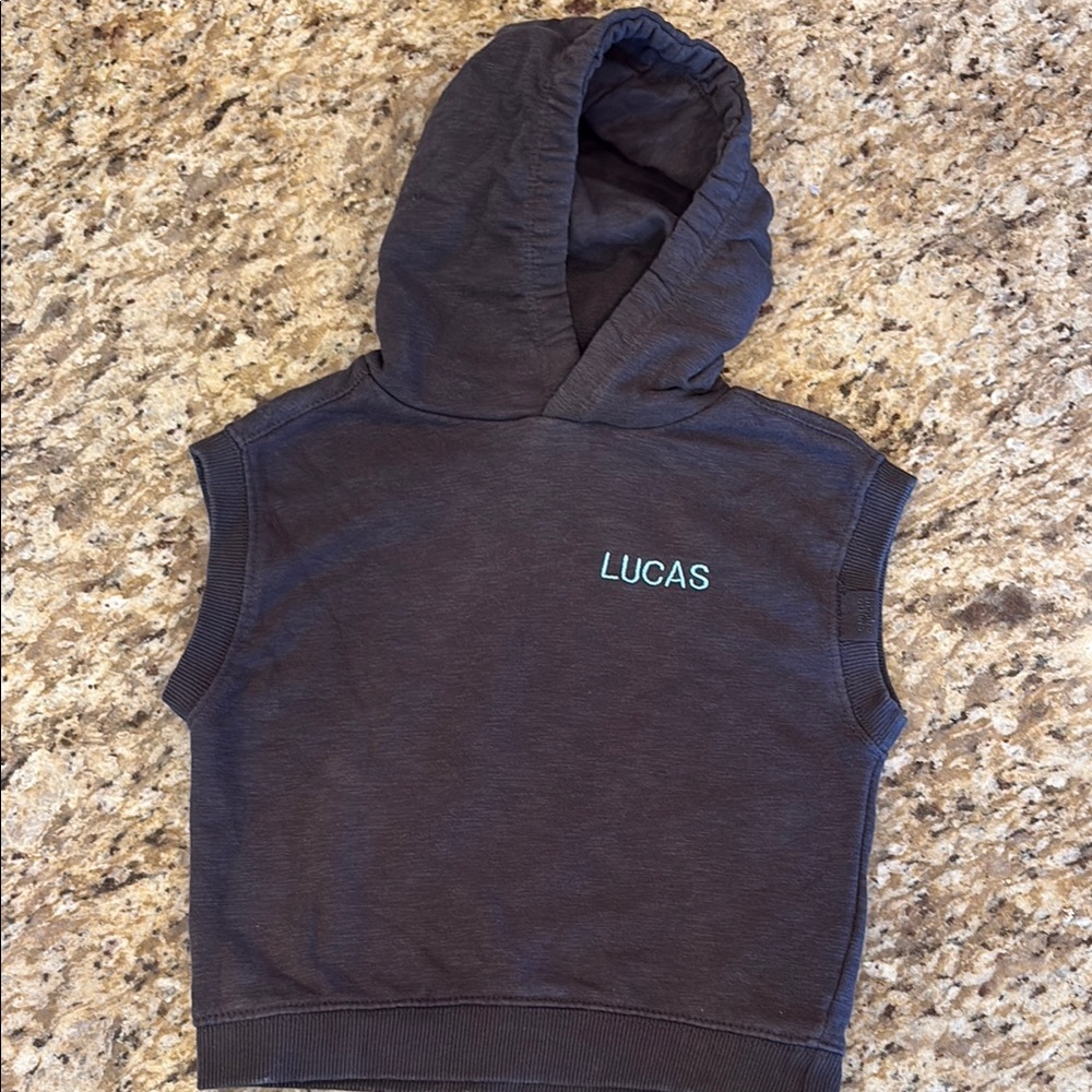 Zara Kids Gray Sleeveless Hoodie Tee with LUCAS embroidered